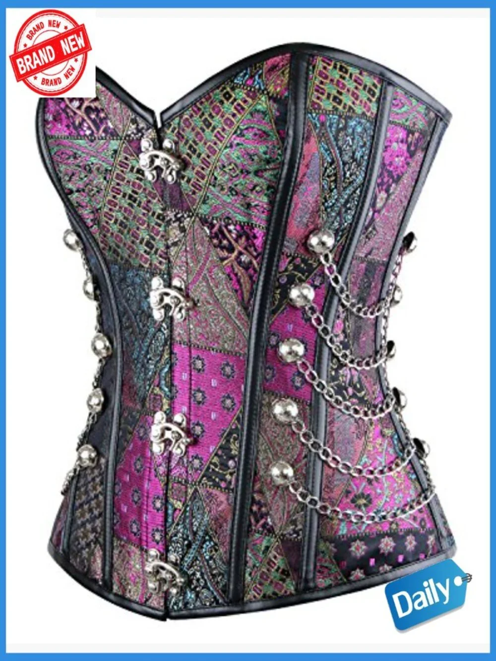 Spiral Steel Boned Steampunk Gothic Corset Bustier with Chains